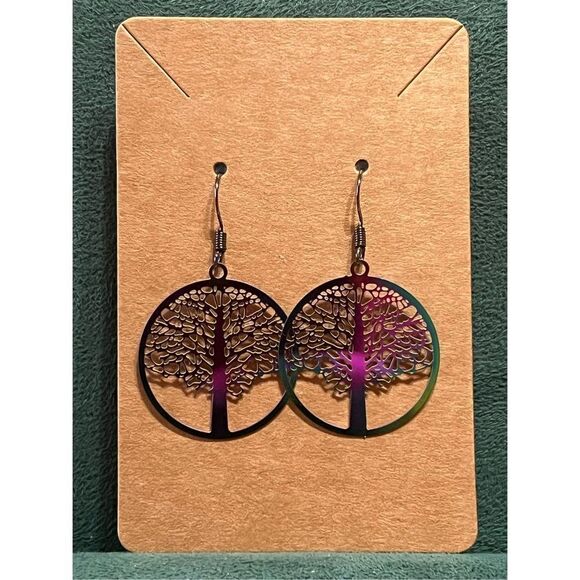 Iridescent Hand Crafted Tree of Life Earrings Nickel Free Fish Hook Studs NWOT - Picture 1 of 2